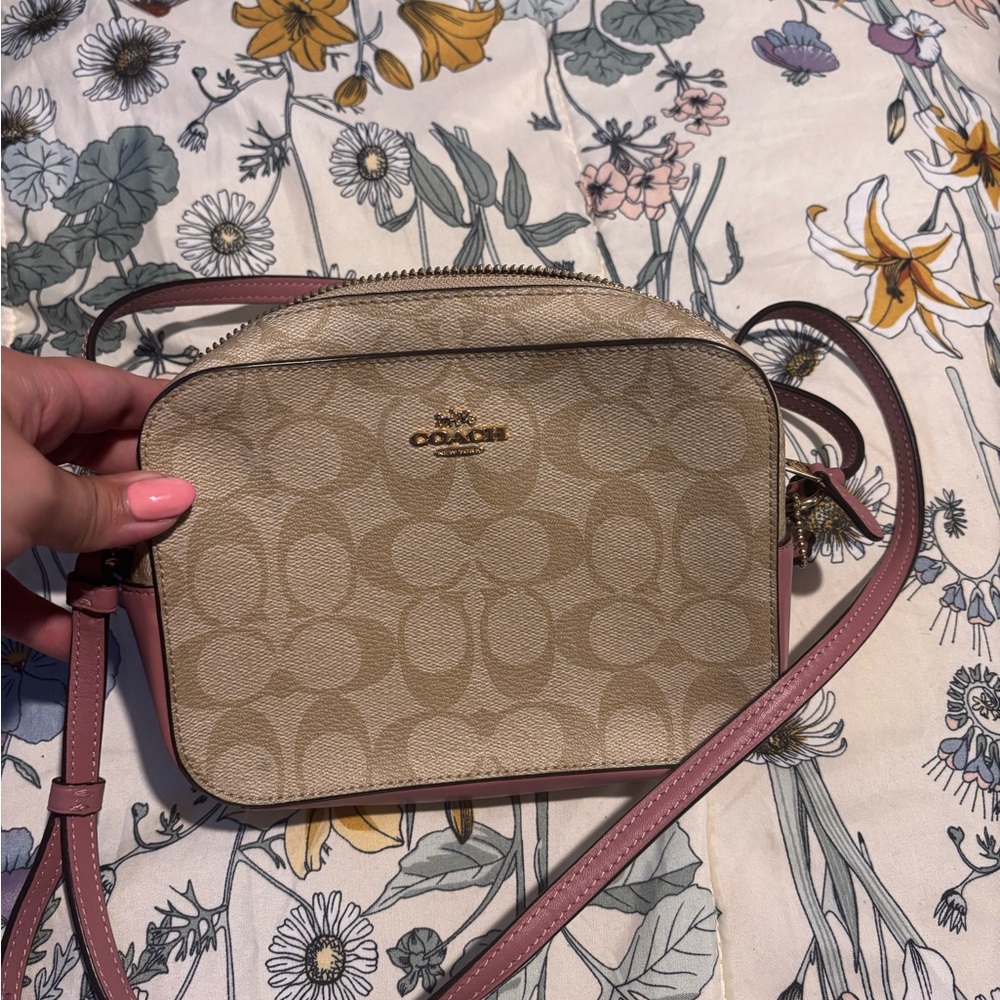 Coach Tan and Pink Crossbody Bag with Signature Monogram